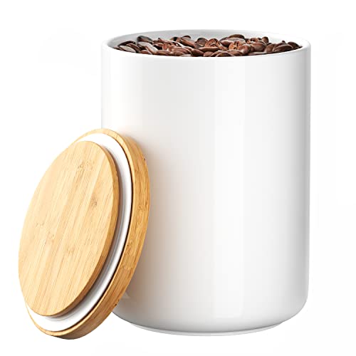 White Ceramic 1050mL 4 cup Food Storage Jar Canister with Airtight Bamboo Lid and Silicone Seal Container for Counter