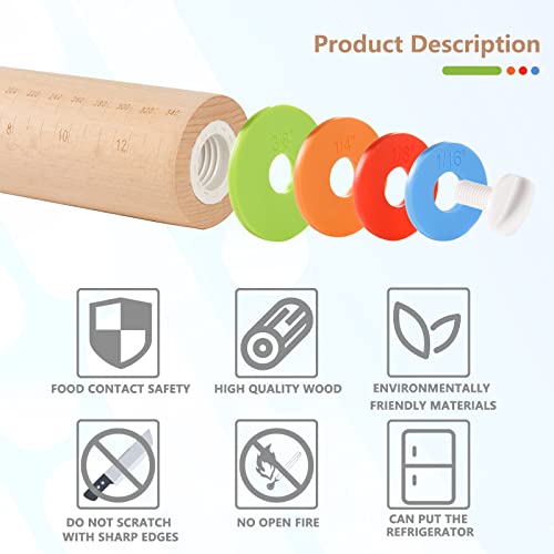 Wood Rolling Pin With 4 Adjustable Thickness Rings