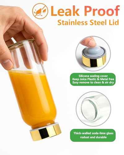 10 oz Glass Juice Bottles with Stainless Steel Gold Lid Leak Proof (6 Count)