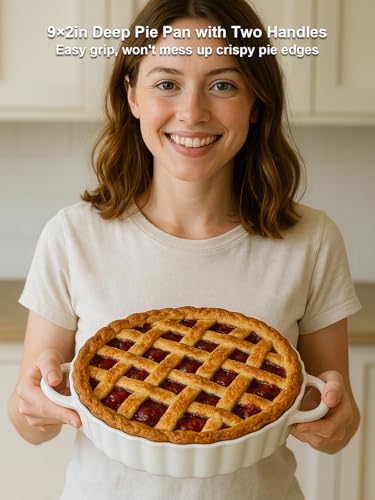 9×2in Deep Ceramic Pie Pan with Handles for Pie Quiche Tart Baking. Easy to grip