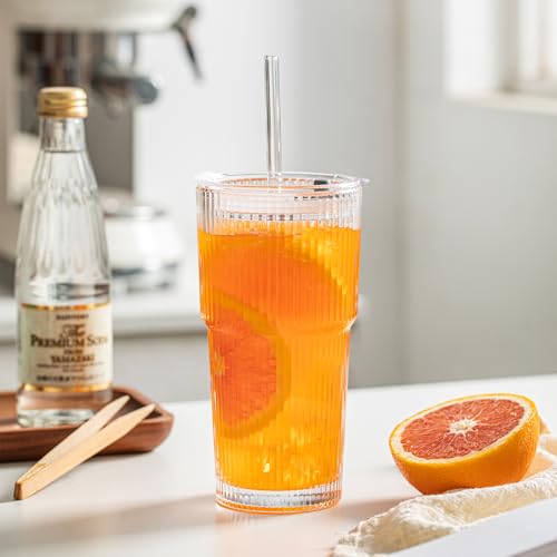 20 oz Ribbed Glass Tumblers with Lids and Glass Straws