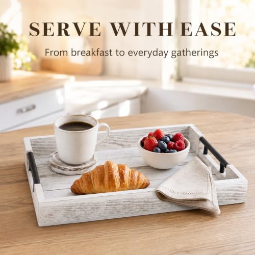 Whitewashed Wooden Serving Tray with Black Metal Handles and 4 Coasters