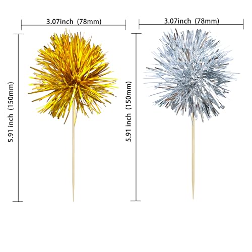 30Pcs Foil Firework Cupcake Toppers Party Birthday Cake Toppers Supplies Sparkle Tinsel Cocktail Fruit Toothpick for Birthday Wedding Graduation Party Supplies Gold Silver (30 Count)