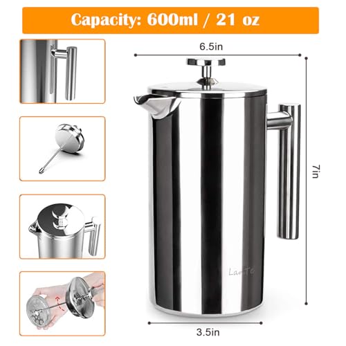 French Press 600ml Double Insulated 304 Stainless Steel Coffee Tea Maker 4 Level Filtration System