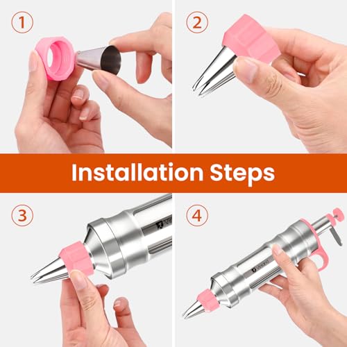 Dessert Decorating Syringe Set Icing Piping Kit Frosting Piping Kit Stainless Steels Cake Decorating Kit with 10 food grade stainless steel piping tips & 50 Disposable Piping Bags (63 Count)