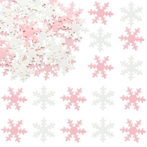 50Pcs Pink Edible Cupcake Cake Toppers Snowflake Cake Decorations for Christmas Winter Frozen Theme Party Supply Decoration Pink White (50 Count)