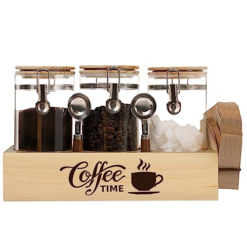 Glass Coffee Canister Set with Shelf & Spoons