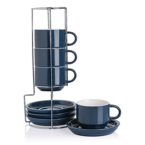 Sweejar Porcelain Cappuccino Cups with Saucers and Metal Stand (4 Count)