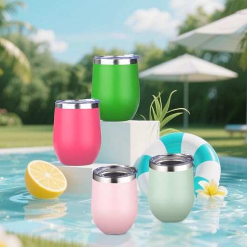 12oz 4 Pack Wine Tumbler Glasses with Lid Stemless Double Wall Vacuum Stainless Steel Travel Tumbler Keeping Cold & Hot for Wine (4 Count)