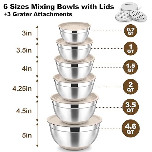 Mixing Bowls Stainless Steel Salad Bowl with Lid & Graters (6 Count)