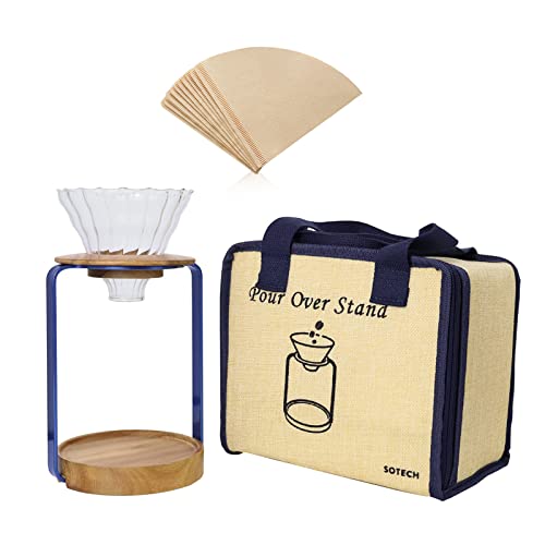 Pour Over Coffee Maker Set with Black Gooseneck Kettle Wooden Filter Holder Coffee Dripper Glass Server with Paper Coffee Filters