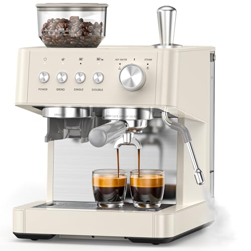 2026 Upgrade) 15 Bar Espresso Machine with Built-in Anti-Clog Coffee Grinder, Expresso Coffee Machines with Milk Steam Wand/Frother/Tamping Tools,Espresso Maker with Grinder for Lattes-Almond