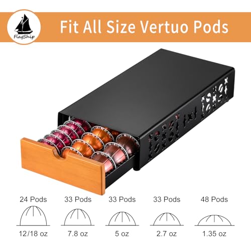 Coffee Pod Holder for Nespresso Vertuo Pod Organizer Fits All Vetuo Pods Black Metal With Wood Handle