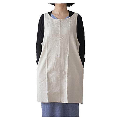 Soft Cotton Linen Apron Solid Color Halter Cross Bandage Aprons Japanese Style X Shape Double Pockets Kitchen Cooking Clothes Gift for Women Chef Housewarming
