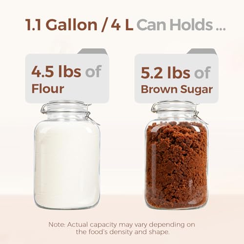 Square Glass Pantry Jars with Airtight Lids 1.1 Gallon 2 Pack Large (2 Count)