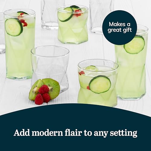Rhombus Tumbler and Rocks Drinking Glasses Set of 16 (16 Count)