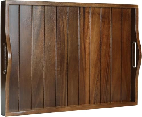 Large Acacia Wooden Serving Tray with Handles 20 x 14 inch Decorative Coffee Table Ottoman Tray for Living Room Extra Large for Kitchen Dinner Food Bar Breakfast in Bed