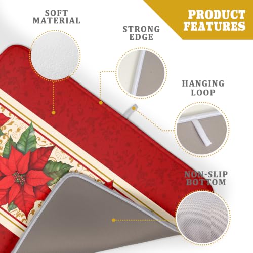 Poinsettia Flowers Dish Drying Mat 18"x24" Christmas Red Decorative Dish Drainer Mats Xmas Winter Floral Print Reversible Microfiber Dish Drying Rack Pad for Kitchen Countertop Sink