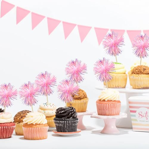 30Pcs Foil Firework Cupcake Toppers Sparkle Tinsel Cake Toppers Tinsel Drink Cake Decoration Cocktail Picks for Birthday Wedding Graduation Party Supplies Dark Pink (30 Count)