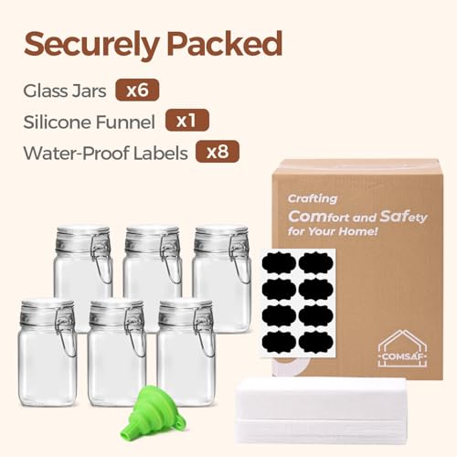 Square Glass Spice Jars 8 oz 6 Pack with Labels and Funnel Set (6 Count)