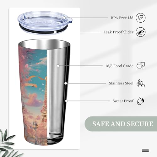 Paris Eiffel Tower Tumbler with Lid and Straw 20oz Coffee Tumblers Leakproof Stainless Steel Travel Mug Vacuum Insulated Cup for Iced and Hot (20 Count)