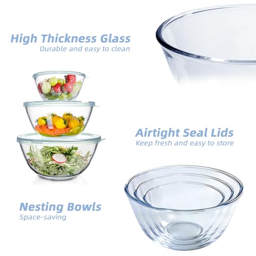 Glass Mixing Bowls Glass Bowls with Lids Set (3 Count)