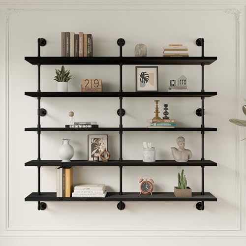 Floating Shelves for Wall Bookshelf Industrial Pipe Shelving Shelves 60 Inch 5 Tier Natural Wood Planks Rustic Wall Shelves Hanging Bookshelves Farmhouse Kitchen Shelving