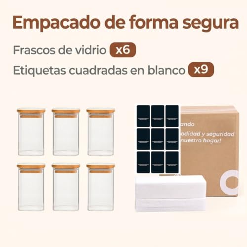 Glass Spice Jars with Labels 8 oz 6 Pack Square Bamboo Lids (6 Count)