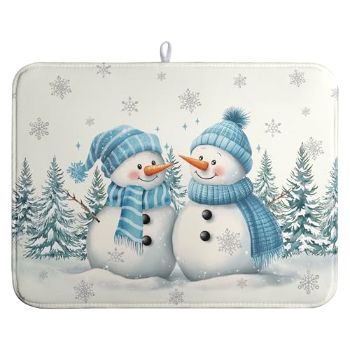 Winter Dish Drying Mat Winter Snowman Large Kitchen Mats Dish Drying Pad Blue Snowman Pine Tree Absorbent Dish Dryer Mat for Kitchen Countertops Microfiber Drainer Pad Dish Drying Mats