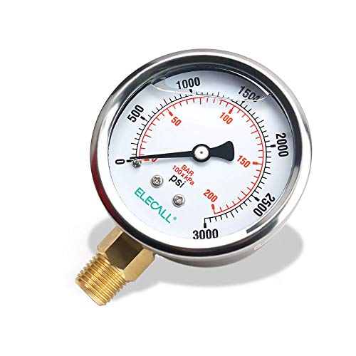 2-1/2” Glycerin Liquid Filled Air Pressure Gauge, 0-3000Psi, 1/4”NPT Lower Mount, Stainless Steel Case, Brass Internals, Water Pressure Gauge