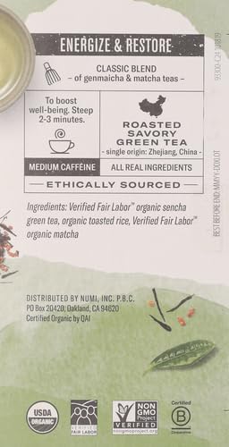 Numi Organic Matcha Toasted Rice Tea, 18 Green Tea Bags Micro-Plastic Free (Pack of 2)