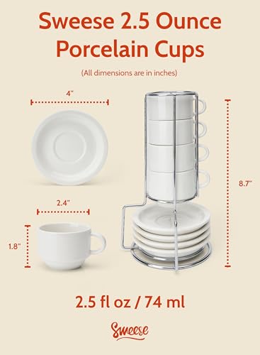 2.5 Ounce Porcelain Stackable Espresso Cups with Saucers and Metal Stand Set of 4 (4 Count)