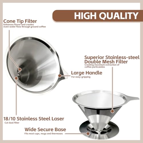 Pour Over Coffee Dripper Stainless Steel Coffee Filter Metal Cone Filter Extra Fine Wire Mesh Reusable Coffee Filter Coffee Maker (2 Count)