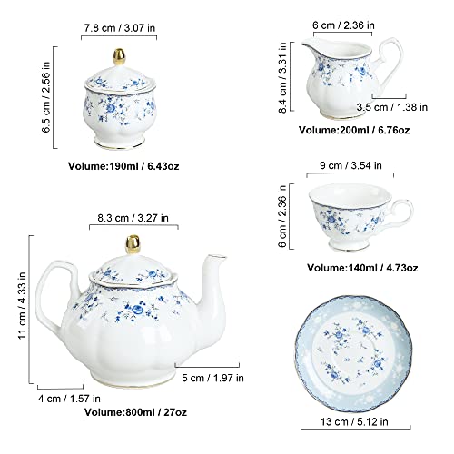 15 Piece British Blue Rose Porcelain Tea Set