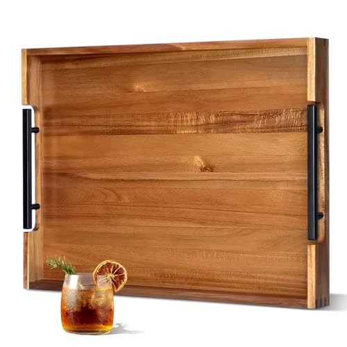 22 Inch Acacia Wooden Serving Tray with Black Metal Handles