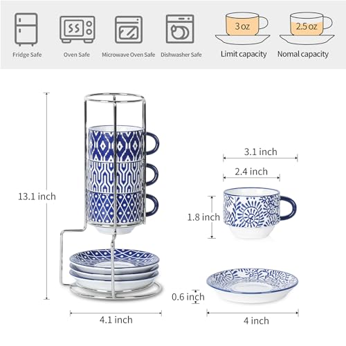 Ceramic Espresso Cups with Saucers and Metal Stand (7 Count)
