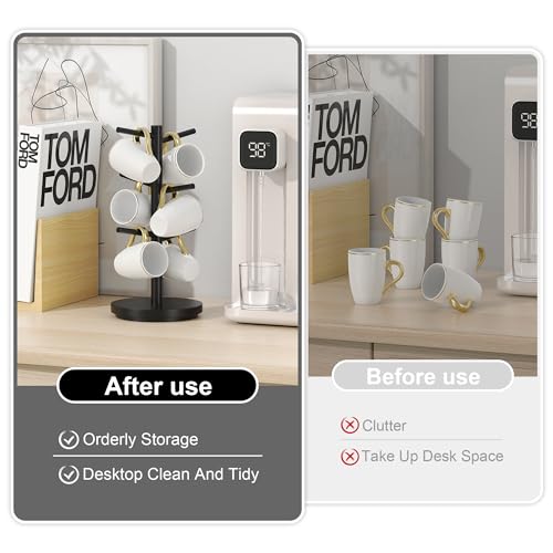Coffee Mug Holder Tree Upgraded 360Rotated Cup Holder for Counter Black Wood Cup Tree Mug Rack Organizer Stand with 6 Hooks for Kitchen Coffee Bar Accessories