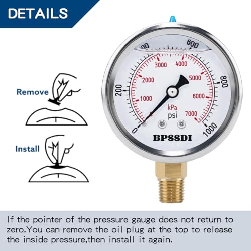 0 1000 Psi Glycerin Liquid Filled Hydraulic Pressure Gauge