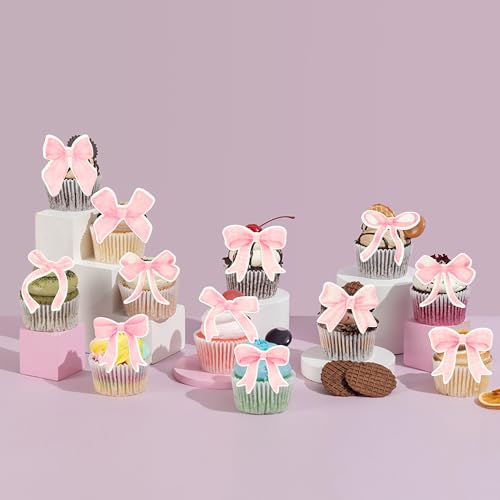 50Pcs Edible Pink Bowknot Cupcake Toppers Wafer Paper Bowknot Cake Dessert Picks Drink Topper Baby Shower Princess Cupcake Toppers for Birthday Party Decoration Supplies (50 Count)