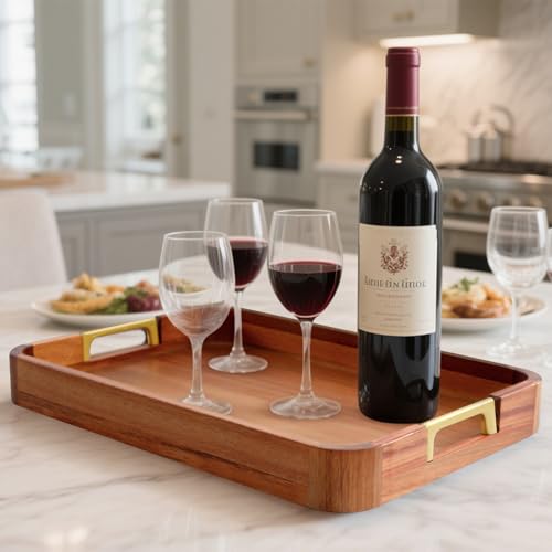 Acacia Wood Serving Tray with Metal Handles