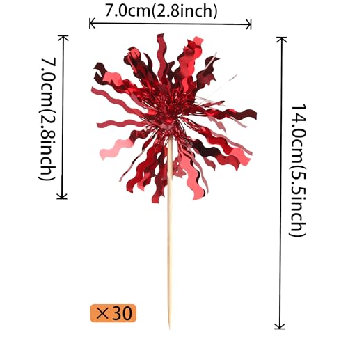 30 PCS Foil Firework Cupcake Toppers Sparkle Tinsel Cupcake Picks Happy Birthday Cake Toppers Drink Stirrers Cocktail Food Fruit Toothpicks for Baby Shower Birthday Party Decorations Supplies Red (30 Count)