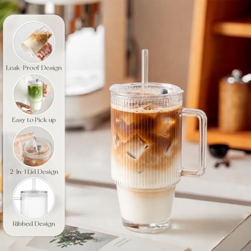 24oz Ribbed Glass Cup with Lid & Straw