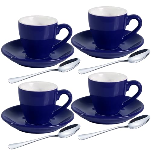 Porcelain Espresso Shot Cup Set with Saucers and Stainless Steel Spoons (4 Count)
