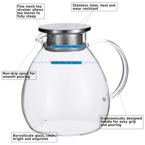 68OZ 2000ML One Touch Glass Teapot with Stainless Steel Filter Lid