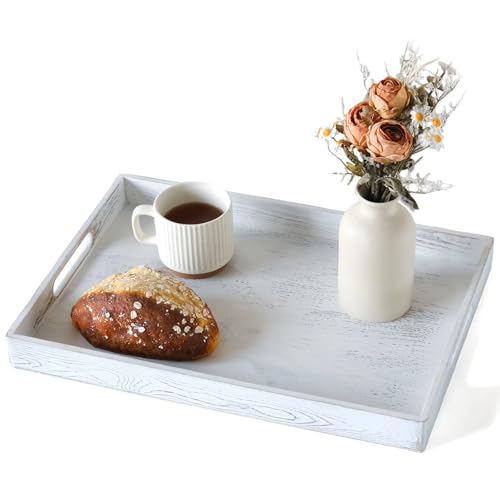 Rustic White Wood Serving Tray with Handles 17 Inch Wooden Tray for Ottoman
