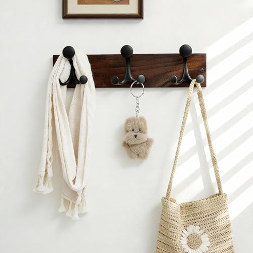 17 Inch Walnut Wood Coat Rack Wall Mount with 3 Triple Hooks