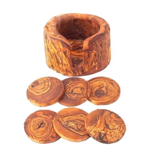 Olive Wood Coasters Set of 6 & Holder