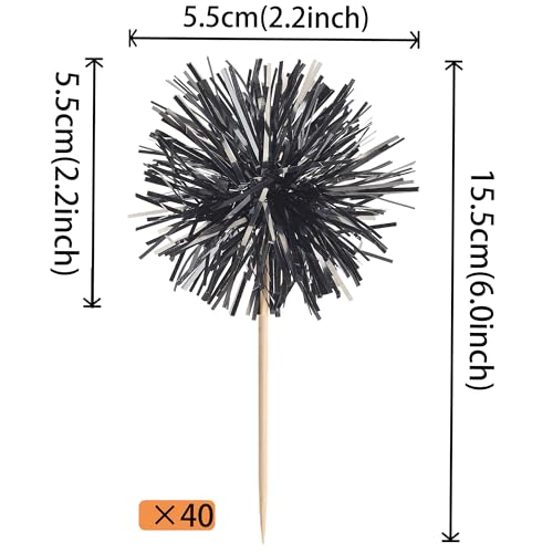 40 PCS Black Foil Firework Cupcake Toppers Sparkle Tinsel Cupcakae Picks Sparkler Fireworks Party Decorations Cocktail Fruit Toothpick for Birthday Wedding Graduation Party Decorations Supplies (40 Count)