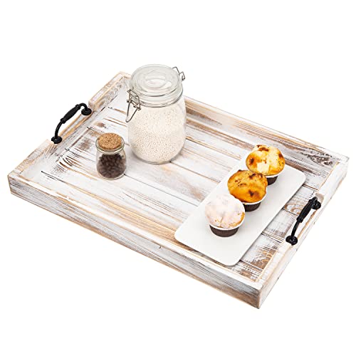 Rustic Vintage Big Wood Food Breakfast Serving Trays with Cutout Metal Handles