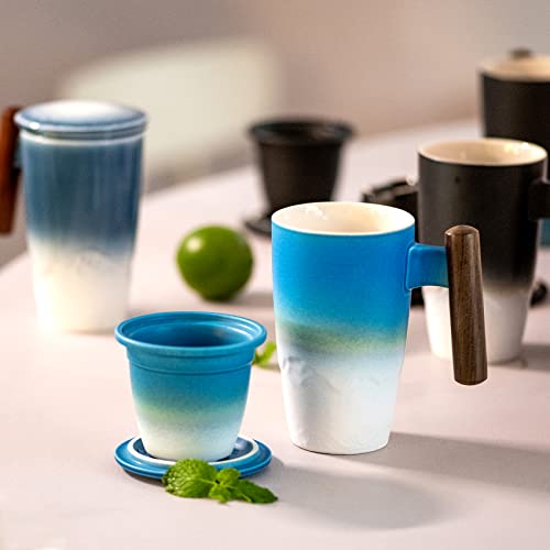 Tomotime Ceramic Tea Cup with Infuser and Lid Tea Mugs Wooden Handle 400ml